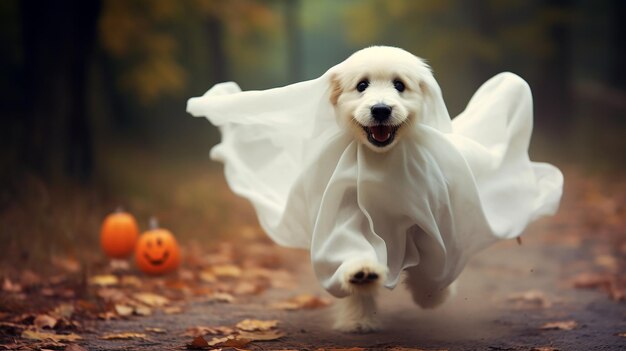 Foto perro lindo con disfraz de fantasma en el parque de otoño perrito con disfracto de fantasma concepto de halloween