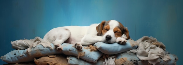 Perro lindo durmiendo en almohadas bandera de IA generativa