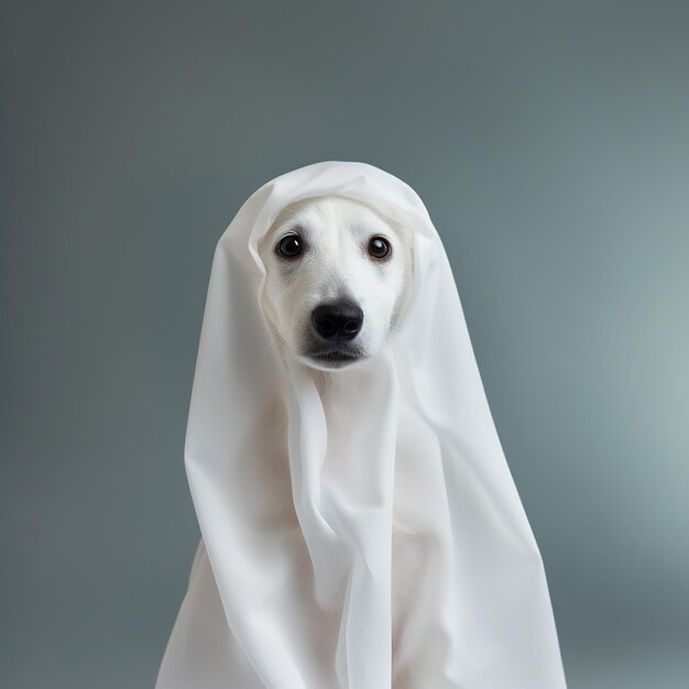 Perro lindo envuelto en una sábana con un disfraz de fantasma en un fondo minimalista concepto de Halloween