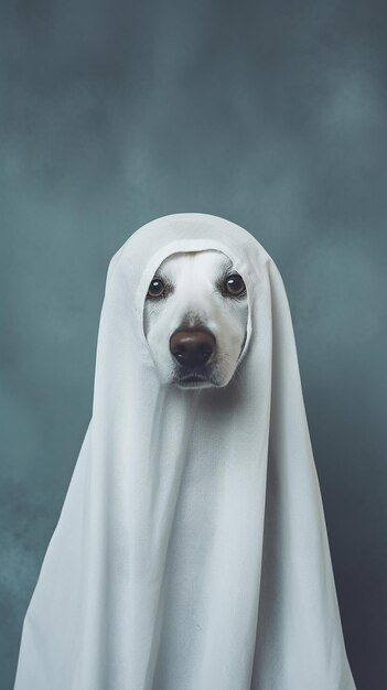 Perro lindo envuelto en una sábana con un disfraz de fantasma en un fondo minimalista concepto de Halloween