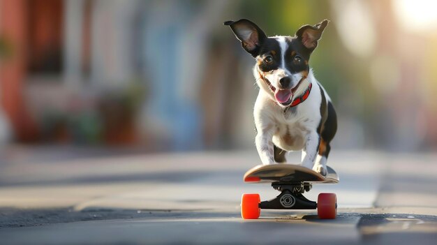 Foto un perro lindo y feliz patinando por la calle.