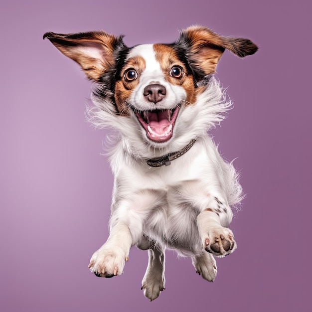 Perro lindo feliz saltando sobre fondo sólido aislado