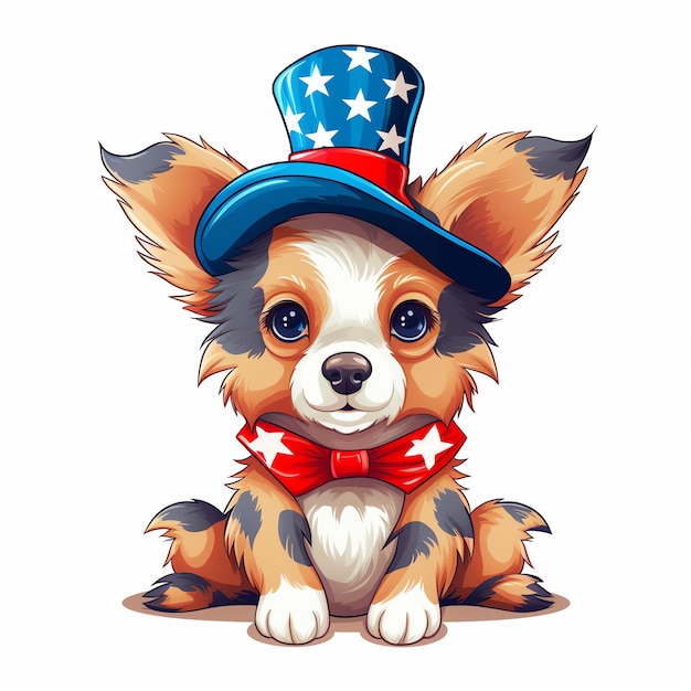 Perro lindo feliz con un sombrero del Tío Sam con el amante de mascotas de la bandera de los Estados Unidos el 4 de julio