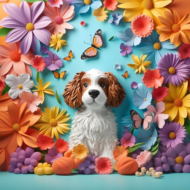 Perro lindo con flores y mariposas sobre un fondo azul AI Generative