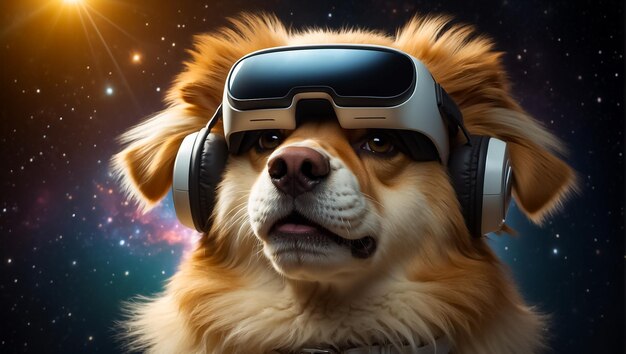 Foto perro lindo con gafas de realidad virtual en casa