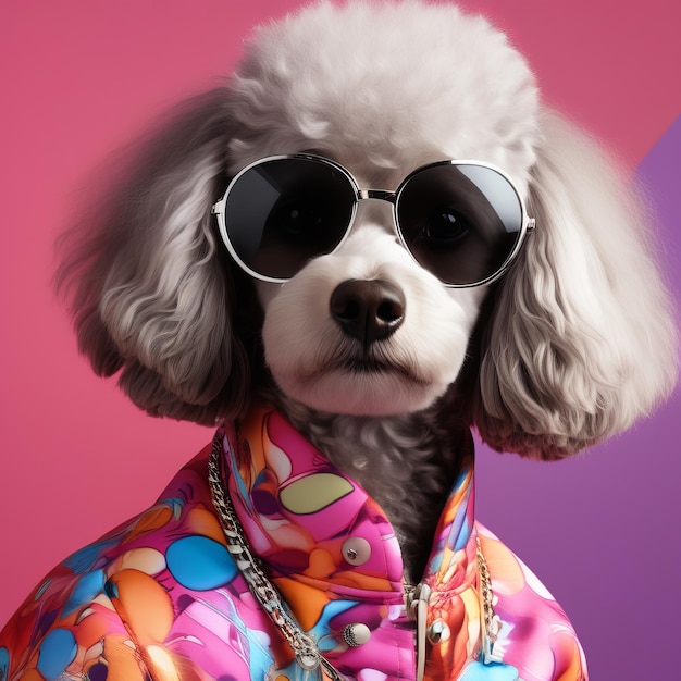 perro lindo con gafas de sol y una chaqueta en un fondo de colores