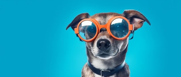 Foto perro lindo con gafas de sol con fondo azul ia generativa