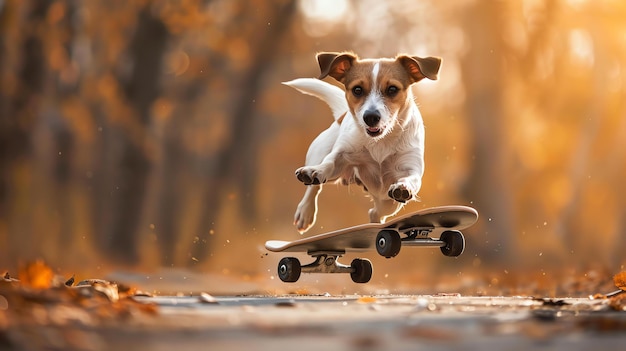 Un perro lindo y gracioso está patinando a través de un parque El perro está usando un casco y equipo de protección
