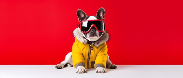 Perro lindo y gracioso sonriendo en las vacaciones de invierno esquiando Ancho estandarte de gatito con lado de espacio de copia