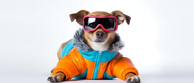 Perro lindo y gracioso sonriendo en las vacaciones de invierno esquiando Ancho estandarte de gatito con lado de espacio de copia