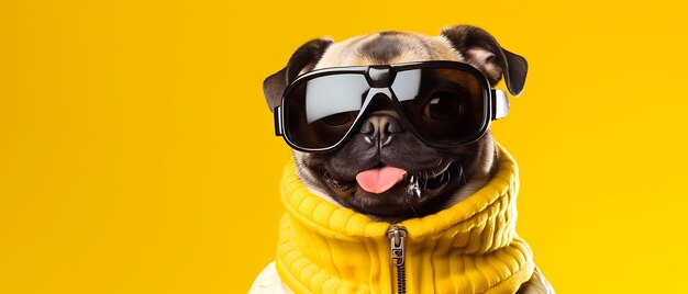 Perro lindo y gracioso sonriendo en las vacaciones de invierno esquiando Ancho estandarte de gatito con lado de espacio de copia