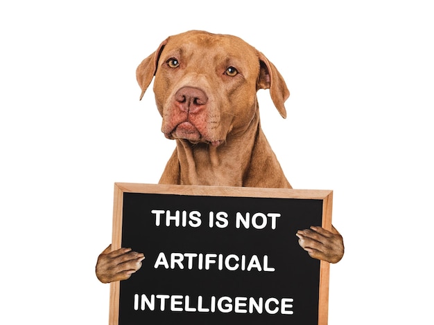 Foto perro lindo y inscripción sobre inteligencia artificial