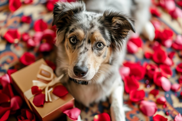 Foto perro lindo que presenta una caja de regalo para el día de san valentín sobre pétalos de flores de rosa