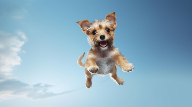 Foto perro lindo saltando sobre el fondo del cielo azul