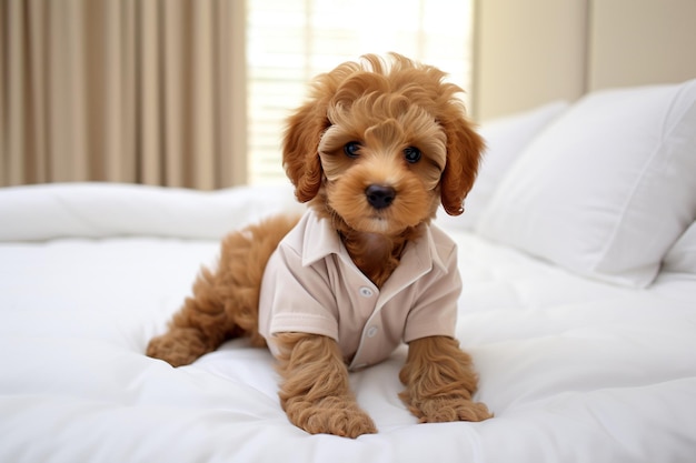 Foto perro lindo sentado en la cama