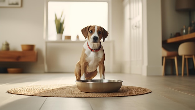 Perro lindo sentado cerca de un cuenco vacío en casa