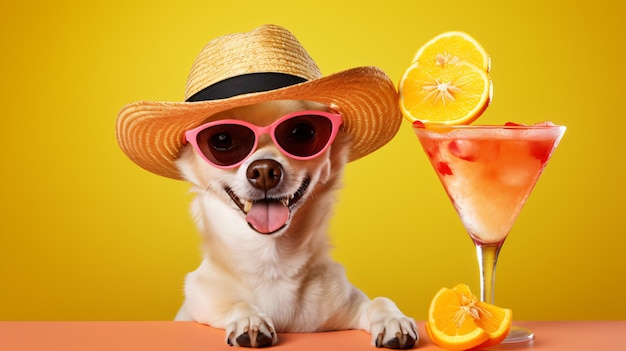 Perro lindo con sombrero con cóctel en fondo de color