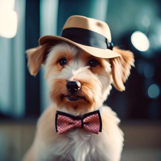 Un perro lindo con sombrero y corbata de papagaio.