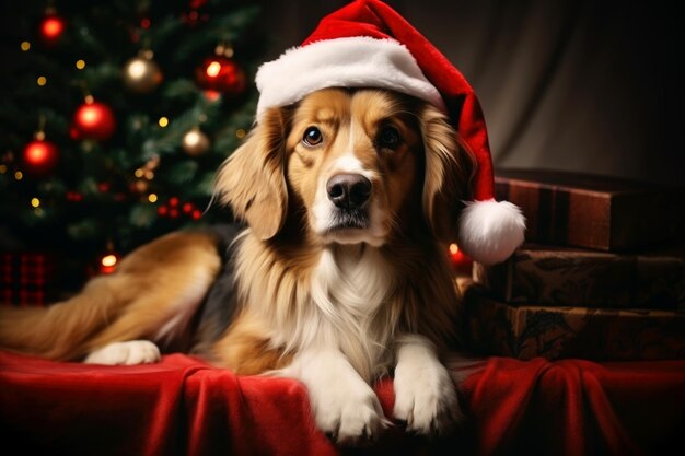 Foto perro lindo con un sombrero de papá noel