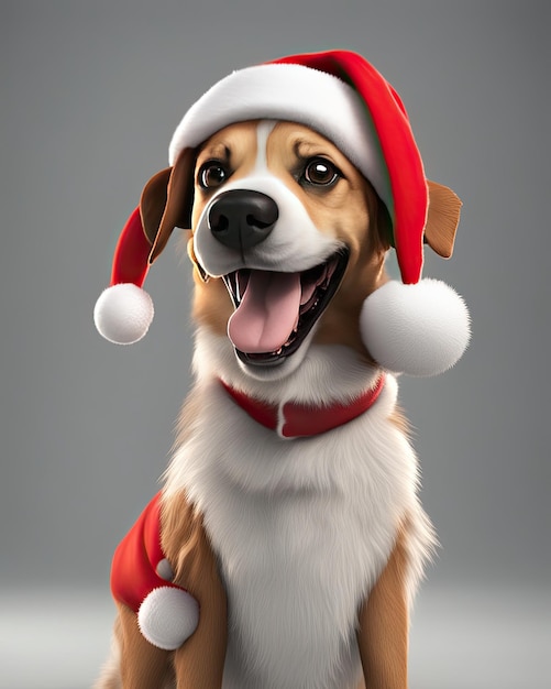 Foto perro lindo sonriente realista renderizado en 3d con el disfraz de papá noel