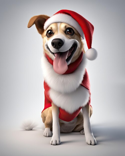 Foto perro lindo sonriente realista renderizado en 3d con el disfraz de papá noel