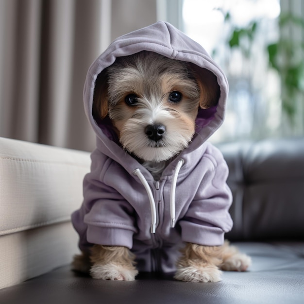Foto perro lindo con una sudadera con capucha ropa especial para perros vistiendo a su cachorro