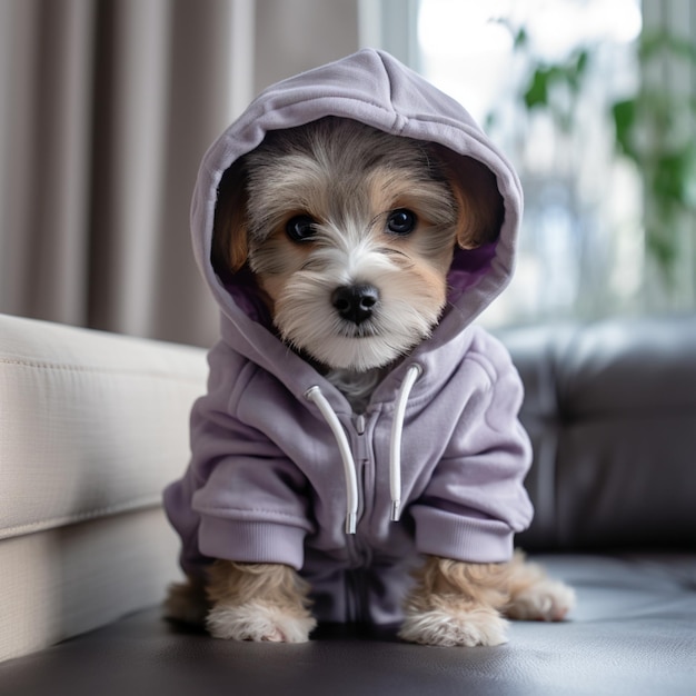 Perro lindo con una sudadera con capucha ropa especial para perros vistiendo a su cachorro