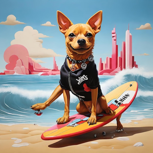 Foto perro lindo surfando en verano