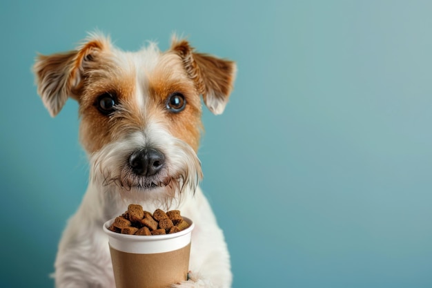 Perro lindo con taza de café de papel de comida para perros en primer plano de fondo coloreado Concepto de café para perros