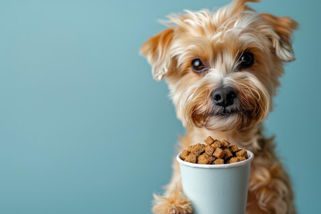 Perro lindo con taza de café de papel de comida para perros en primer plano de fondo coloreado Concepto de café para perros