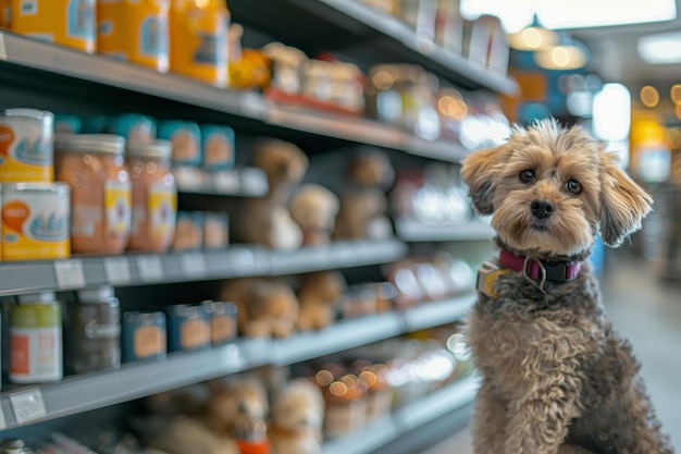 Foto perro lindo en una tienda de mascotas que anuncia suministros y productos para mascotas