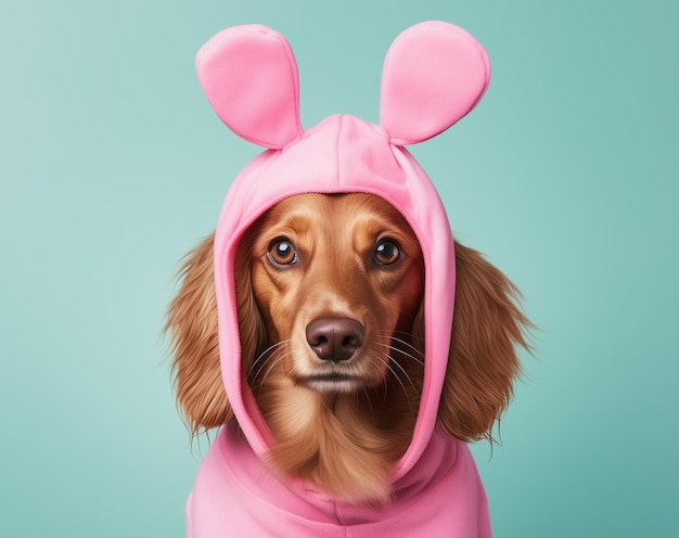 Perro lindo con traje de conejo rosado