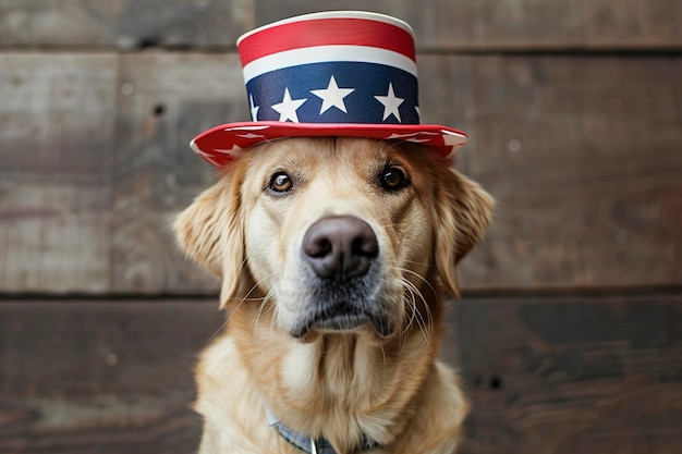Foto perro lindo vestido con un sombrero del 4 de julio