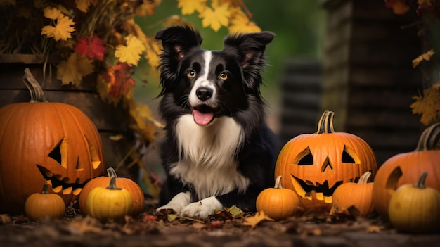 Perro listo para Halloween en el jardín