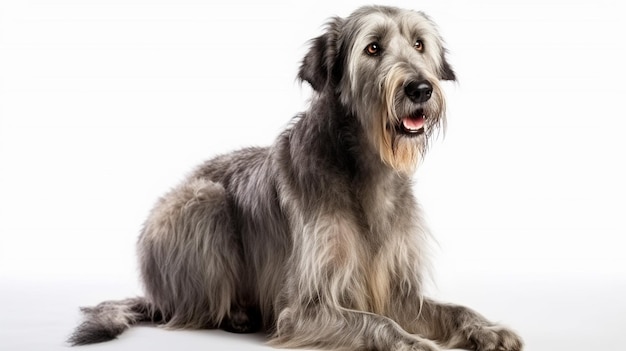 Un perro llamado atigrado está sentado sobre un fondo blanco.