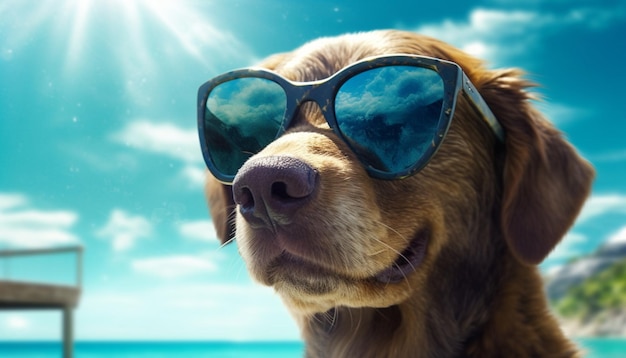 Un perro llamado perro está en una playa con gafas de sol.