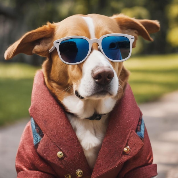 Un perro lleva una chaqueta y gafas de sol