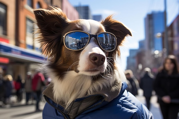 Un perro lleva gafas de sol y está de pie en el lado de la calle