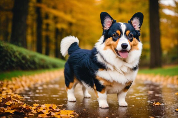 Un perro bajo la lluvia con un fondo amarillo.