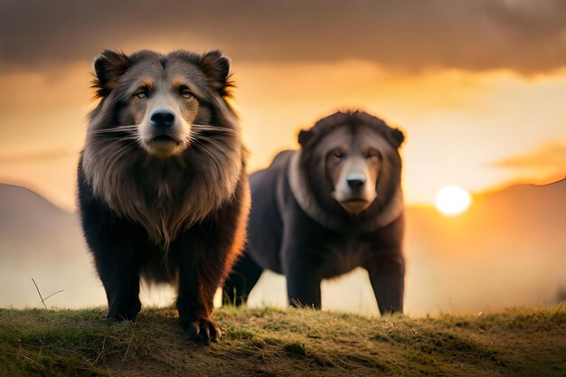 Foto un perro y un lobo están en una colina al atardecer