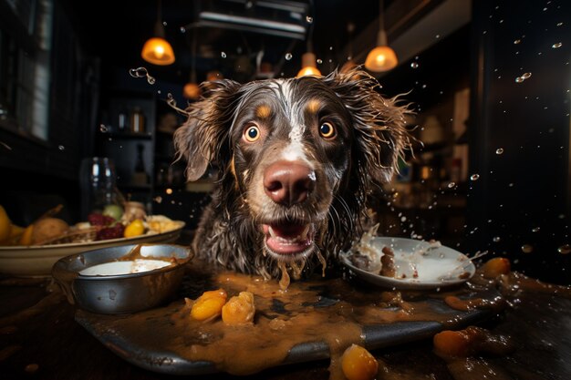 Perro loco y feliz haciendo lío en casa