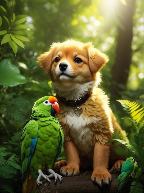 un perro y un loro están sentados en el bosque con un pájaro en el pecho
