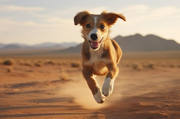 Un perro lúdico corre a través de un paisaje desértico