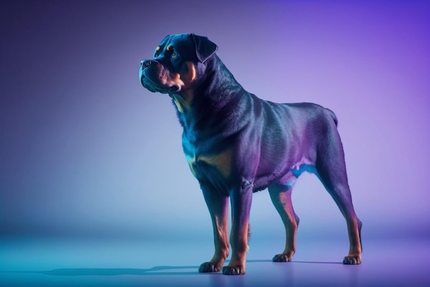 Un perro en una luz morada y azul.