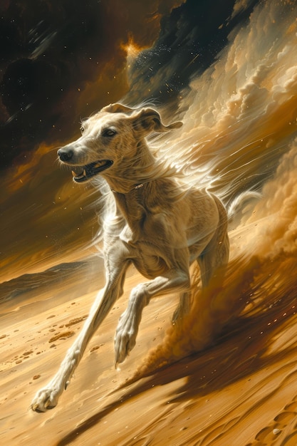 Foto perro majestuoso corriendo enérgicamente contra un cielo dinámico y ardiente en un paisaje surrealista del desierto