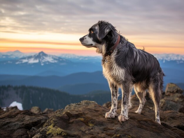 Perro majestuoso de pie con orgullo en un pico de montaña