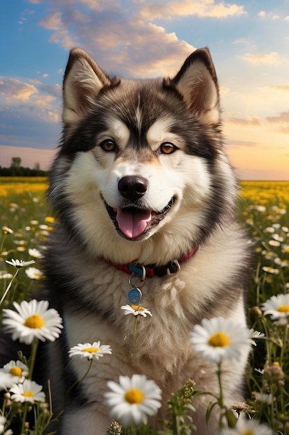 Perro malamute de Alaska con una margarita en la boca