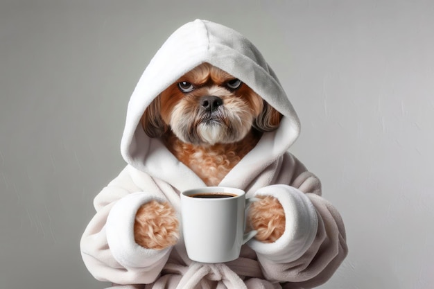 perro malhumorado en bata de baño sosteniendo una taza de café sobre un fondo blanco