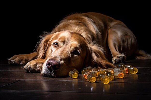 Foto perro malsano después de comer medicina