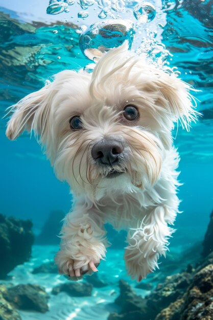 Perro maltés nadando bajo el agua de cerca